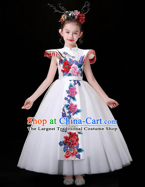 Top Children Modern Fancywork Clothing Girl Compere Full Dress Chinese Embroidered Costume