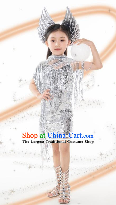 Girls Model Competition Trendy Clothes Children Catwalk Catwalk Princess Silver Sequins Future Technology Sense Yuan Universe Dress