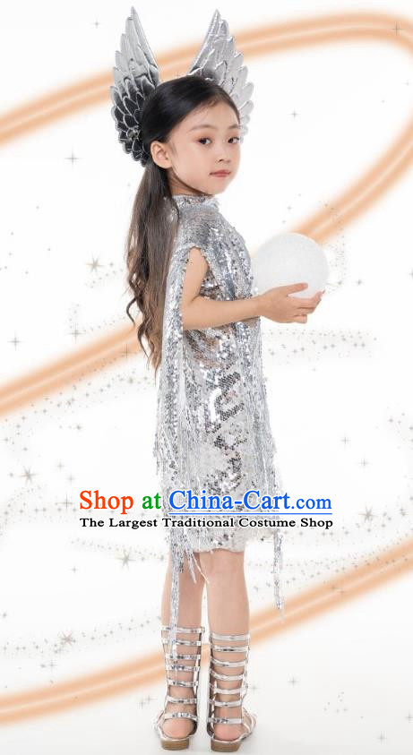 Girls Model Competition Trendy Clothes Children Catwalk Catwalk Princess Silver Sequins Future Technology Sense Yuan Universe Dress