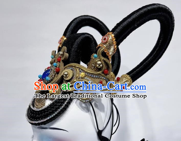 Dunhuang Feitian Art Test Performance Chinese Classical Dance Headdress Wig Double Ring Hair Bun Rebound Pipa Dance Headdress