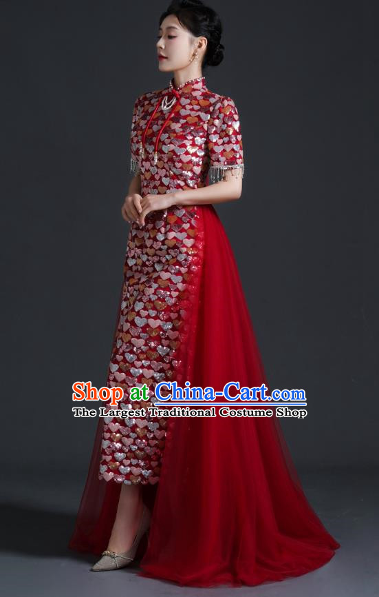 Chinese Bride Wedding Toast Dress Cheongsam Heavy Industry Long Section Noble Banquet Stage Catwalk Costume Sequins