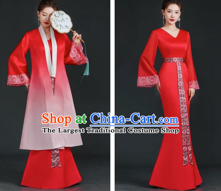 China Style Stage Catwalk Show Costumes Long Trailing Cheongsam Team Dress Art Examination Clothes