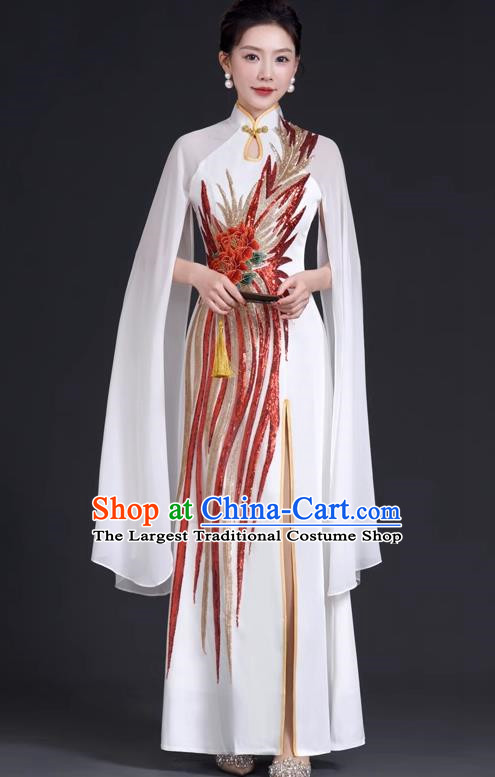 Chinese Style Top Evening Dress Mermaid Long Model Team Stage Catwalk Costume Cheongsam White