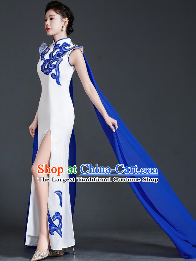 Chinese Style Top Cheongsam Dress Cape Long Fishtail Slim Model Catwalk Costume Blue And White