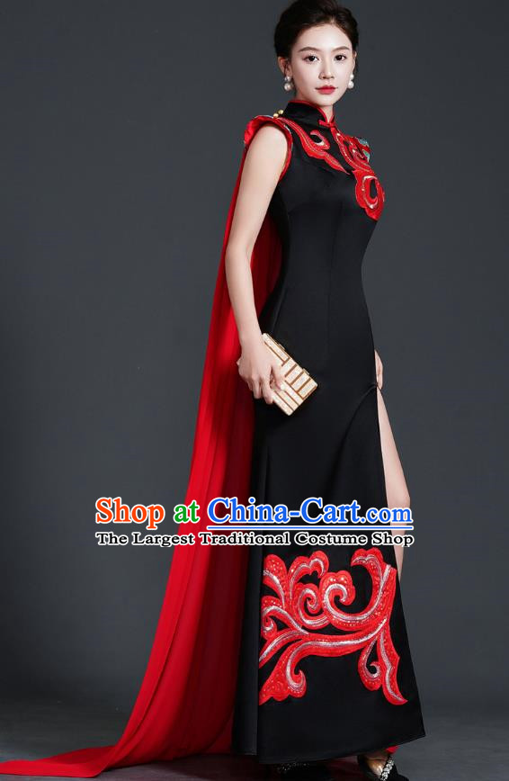 Retro Top Cheongsam Banquet Evening Dress Fishtail Slit Slim Catwalk Costume Cape