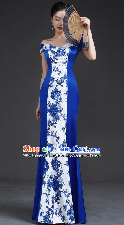 Chinese Retro Blue And White Porcelain Catwalk Cheongsam Performance Costume Long Fishtail Slim Top One Shoulder Evening Dress