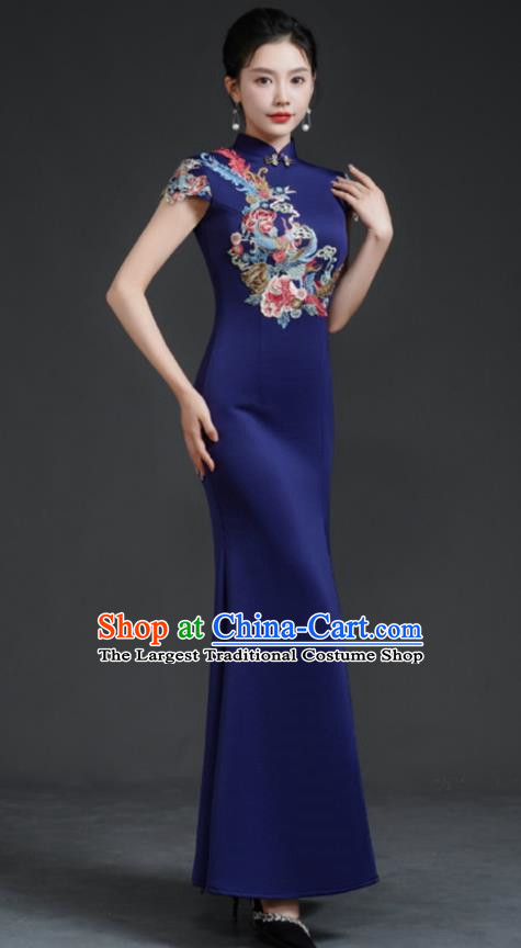 Chinese Fishtail Slit Cheongsam Long Dress Navy Blue Model Catwalk Stage Costume