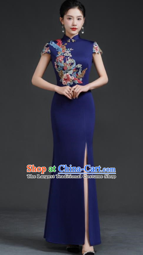 Chinese Fishtail Slit Cheongsam Long Dress Navy Blue Model Catwalk Stage Costume