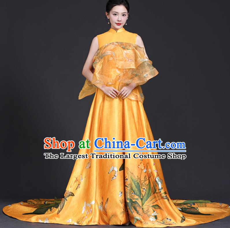 Chinese Style Top Big Tail Dress To Host The Banquet Dress Art Test Model Catwalk Show Exaggerated Performance Dress Skirt Self Cultivation