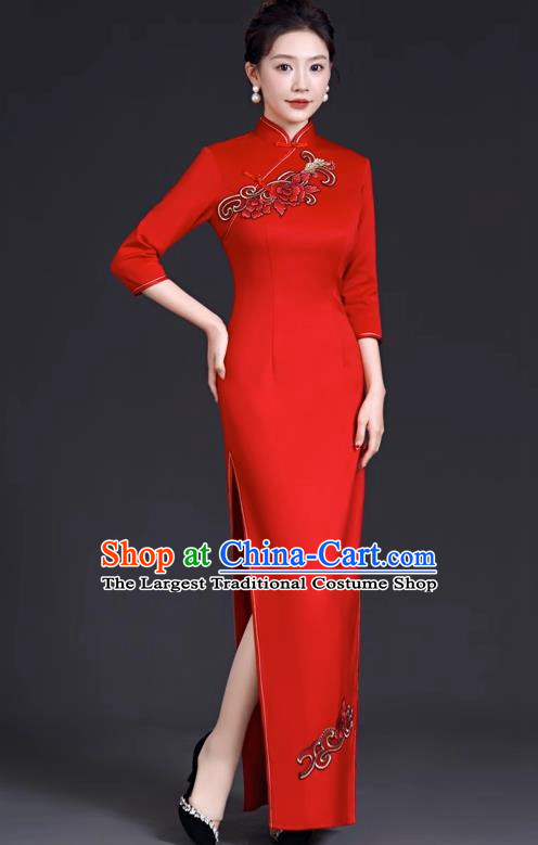 Chinese Style Simple Cheongsam Long Section Mother Model Team Catwalk Show Costume Red Evening Dress