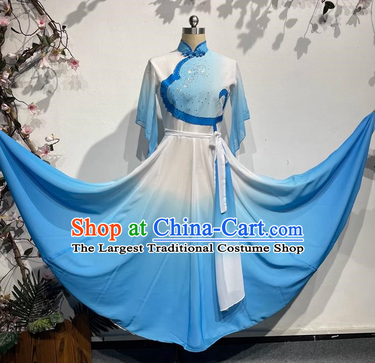 Blue Dance Students Such As Summer Flowers with Dress Fan Dance Practice Skills Examination Jiaozhou Yangko Dance Costumes Performance Costumes