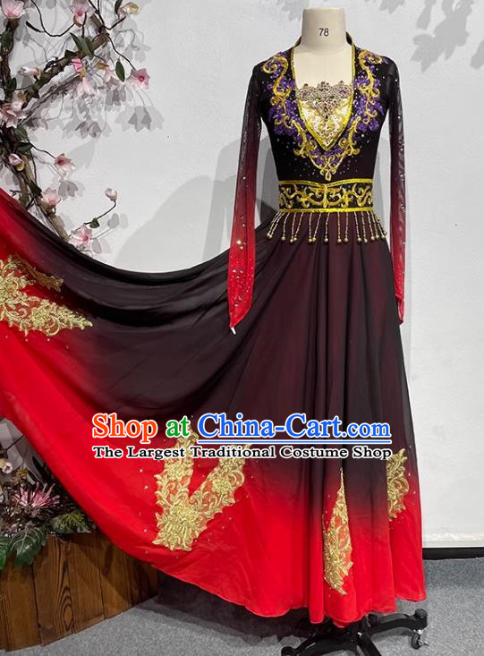 Black and Red Uyghur Dance Art Examination Performance Clothing China Xinjiang Dance Ethnic Style Clothing Adult Big Skirt Practice Performance