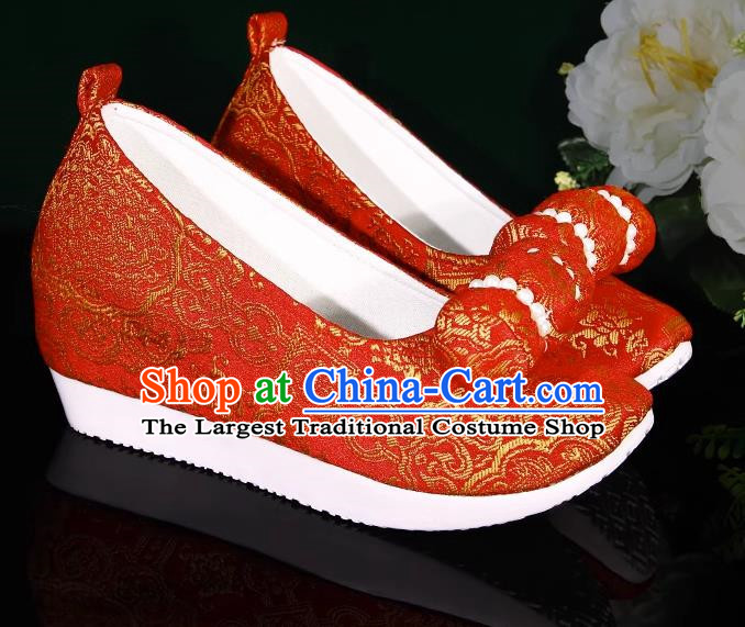 Red Hanfu Shoes Women Original Ancient Style Inner Heightening Round Toe Soft Soled Shoes Ming System Horse Face Climbing Cloud Shoes