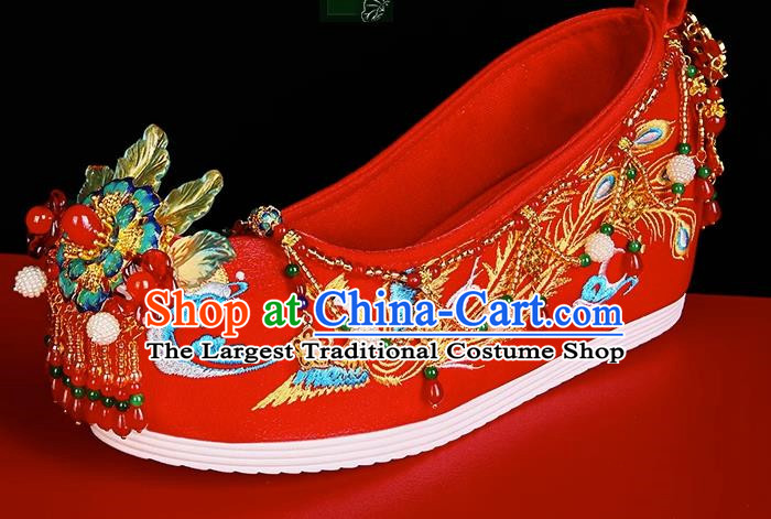 Handmade Xiuhe Clothing Wedding Shoes 6cm Bride Red Hanfu Shoes Female Embroidery