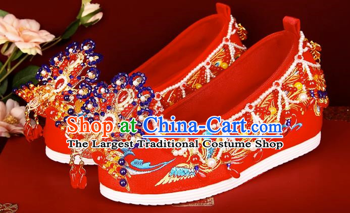 Wedding Shoes Female Bride Phoenix Chinese Style Heavy Industry Beaded Red Embroidered Shoes Pearls