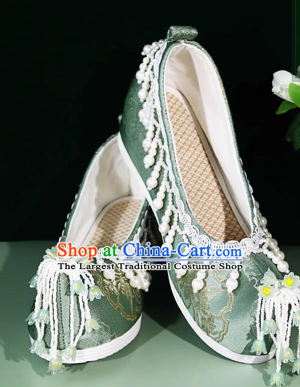 Hanfu Shoes Women Ancient Style Weaving Golden Lily Of The Valley Flower Pearl Tassel Green Inner Height Increasing Cloth Shoes