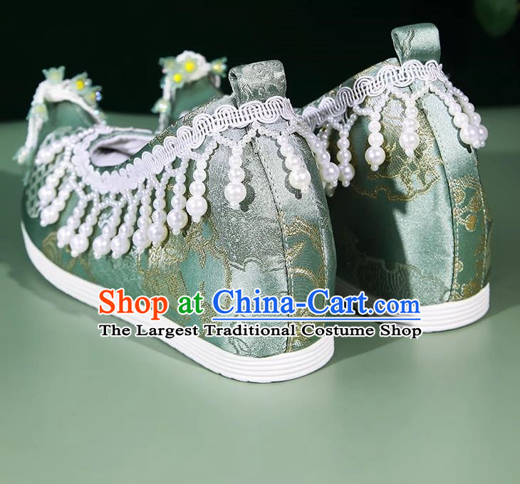 Hanfu Shoes Women Ancient Style Weaving Golden Lily Of The Valley Flower Pearl Tassel Green Inner Height Increasing Cloth Shoes