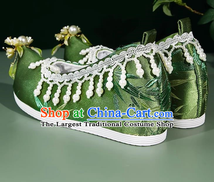 Hanfu Shoes Women Bell Orchid Bamboo Leaves Ancient Style Satin Jacquard Beaded Pearl Tassel Inner Increase