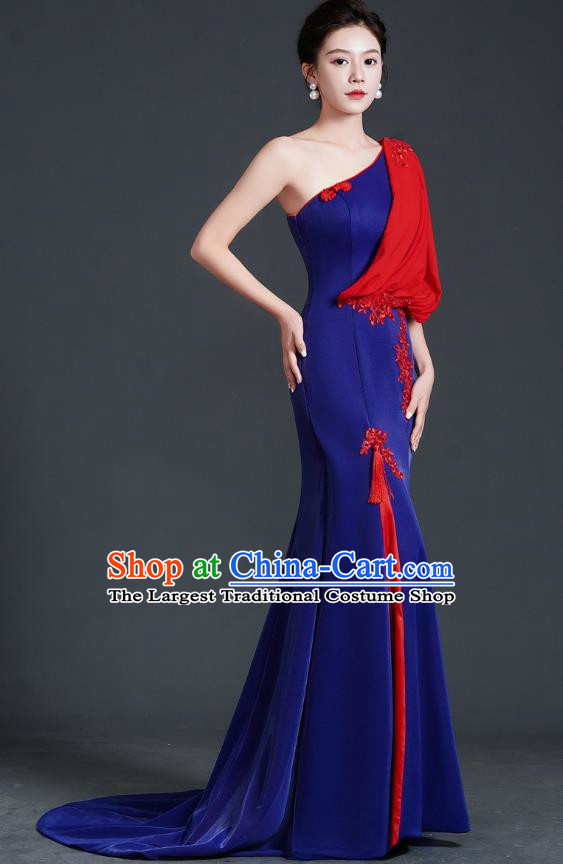 Chinese Design Evening Dress Trailing Fishtail Self Cultivation Stage Chorus Catwalk Performance Clothing One Shoulder