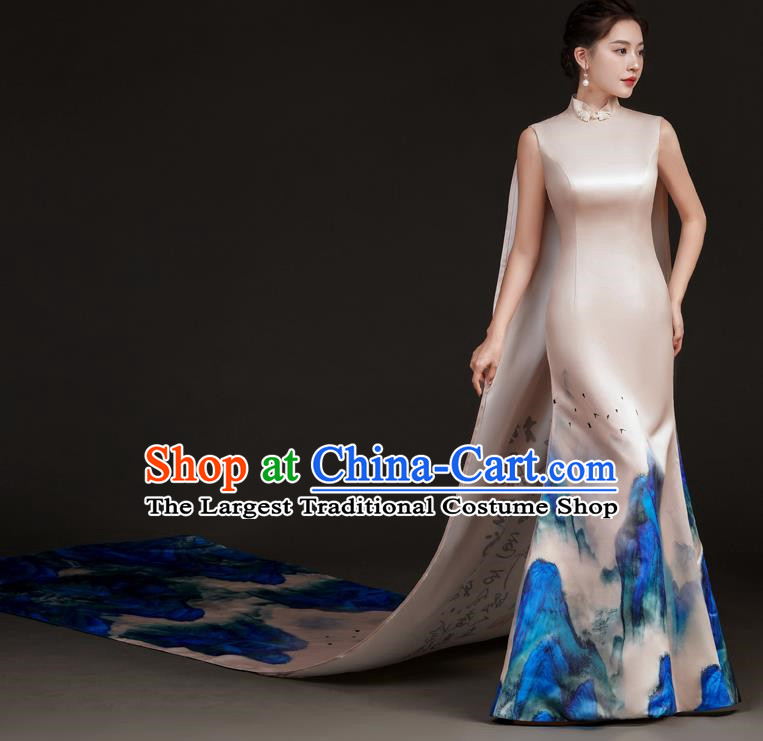 Chinese Design High End Long Tailed Performance Costume Art Test Host Fishtail Dress A Thousand Miles Of Rivers And Mountains Catwalk