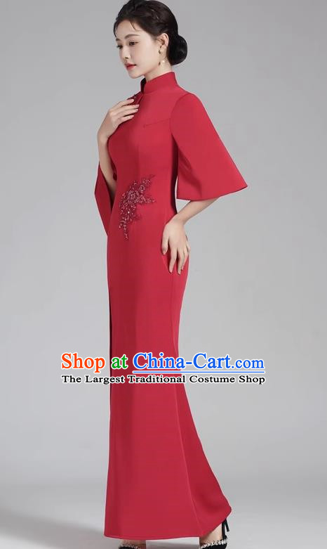 High End Fishtail Slit Banquet Evening Dress Wine Red Wedding Toast Clothing Model Dance Performance Clothing