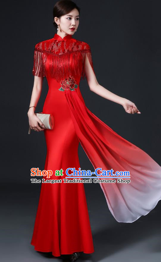 Chinese Design Mermaid Cheongsam Simple Dress Skirt Banquet Red Catwalk Costume