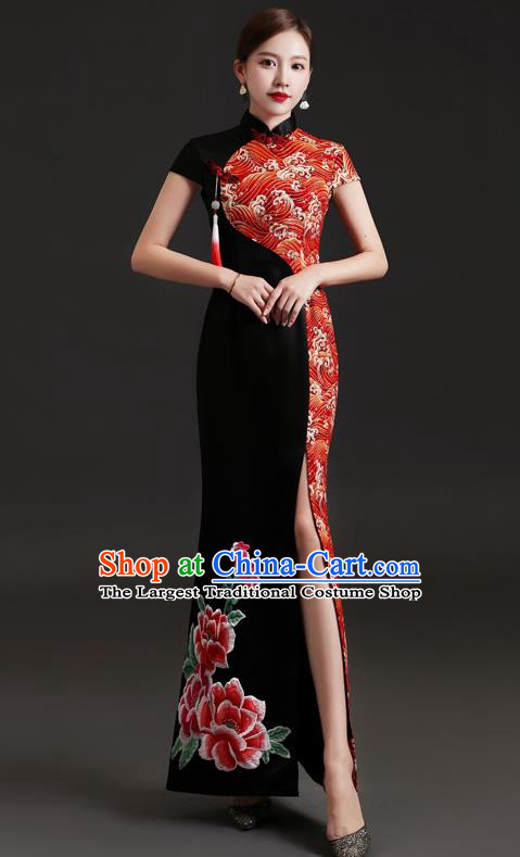 Chinese Design High End Cheongsam Evening Dress Fishtail Slit Performance Costume Host Banquet Black Temperament Dress