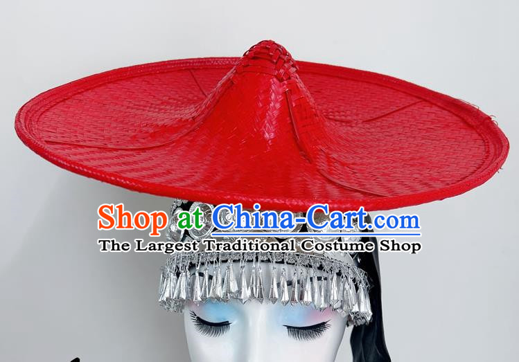 Ethnic Dance Headdress With Flower Waist Dai Bucket Hat Shanling Dance Hat Rain Bamboo Forest Shaodoli Bamboo Weaving Bucket Hat Red