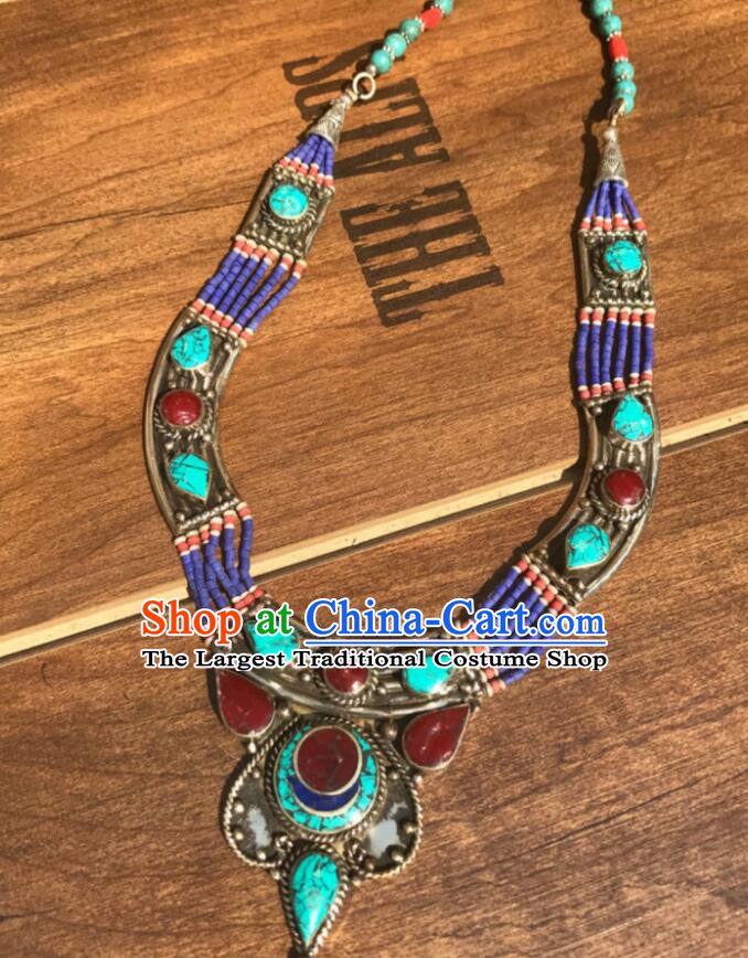 Handmade Tibetan Ethnic Necklet Jewelry Traditional Nepal Kallaite Accessories Chinese Zang Nationality Woman Gems Necklace