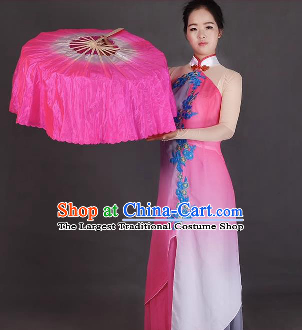 China Women Group Dancing Folding Fan Handmade Megenta Pure Silk Fan Jiaozhou Yangko Dance Circular Fan