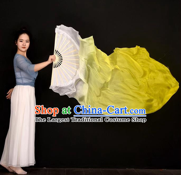 China Women Group Dancing Long Ribbon Fan Handmade Gradient White to Yellow Pure Silk Fan Jiaozhou Yangko Dance Folding Fan