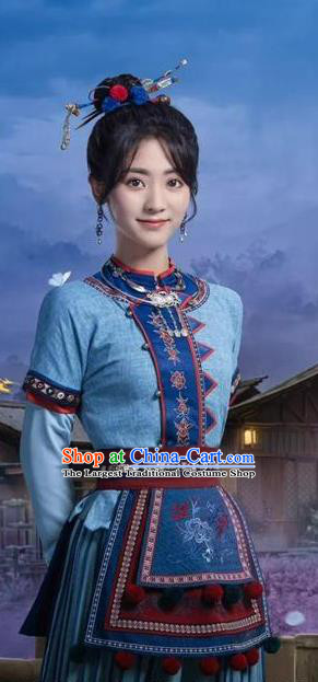 China Ethnic Young Lady Blue Outfit Wuxia TV Series Fei Hu Wai Zhuan Heroine Cheng Lingsu Clothing Ancient Heroic Woman Costumes