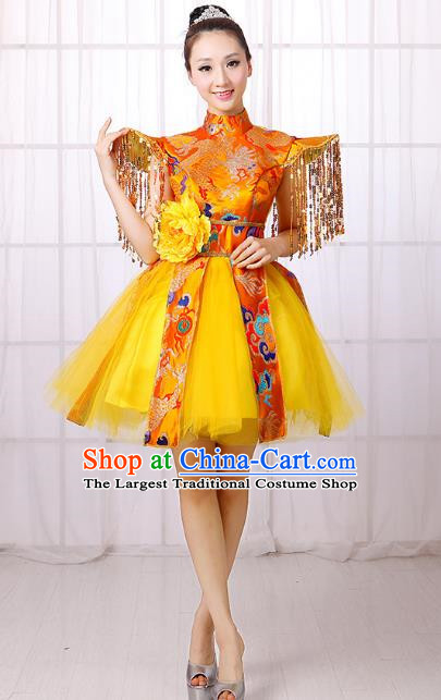 Yellow Chinese Style Allegro Dance Costume Adult Water Drum Modern Dance Square Dance Dress Drumming Costume Female