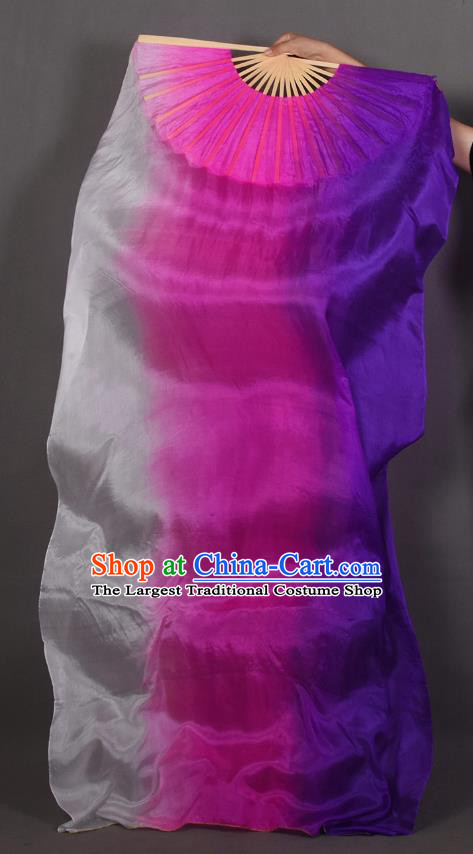 Top Classical Dance Gradient White to Purple Fan Handmade Belly Dance Fan Pure Silk Long Ribbon Fan