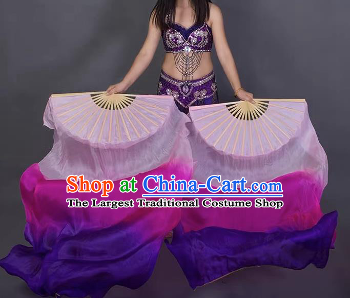 China Classical Dance Fan Top Belly Dance Long Ribbon Fan Handmade Gradient Pink to Purple Pure Silk Fan