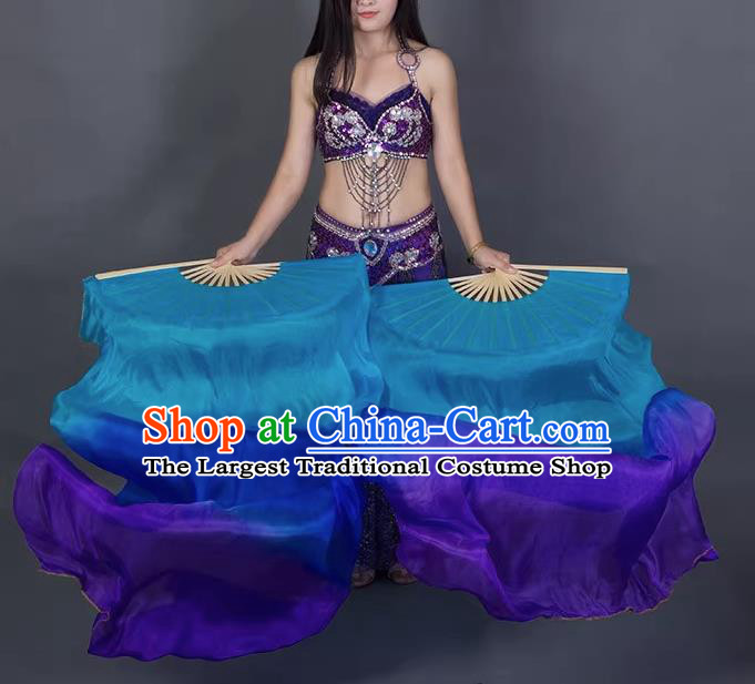 Handmade Gradient Blue to Purple Pure Silk Fan China Classical Dance Fan Top Belly Dance Long Ribbon Fan