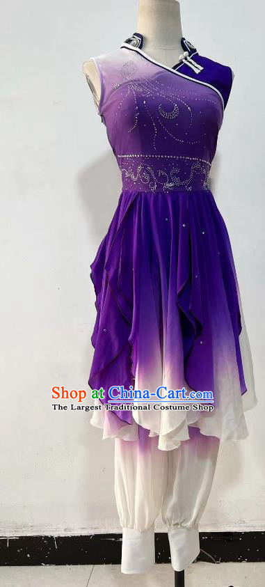 China Woman Dance Competition Purple Silk Outfit Folk Dance Clothing Professional Stage Performance Costume