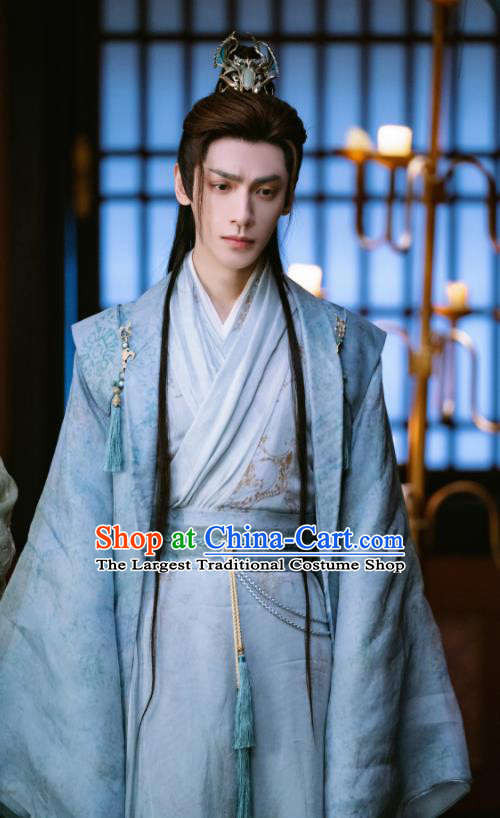 China Ancient Young Childe Blue Garment Costumes Fantastic TV Series Till The End of The Moon Tantai Jin Clothing