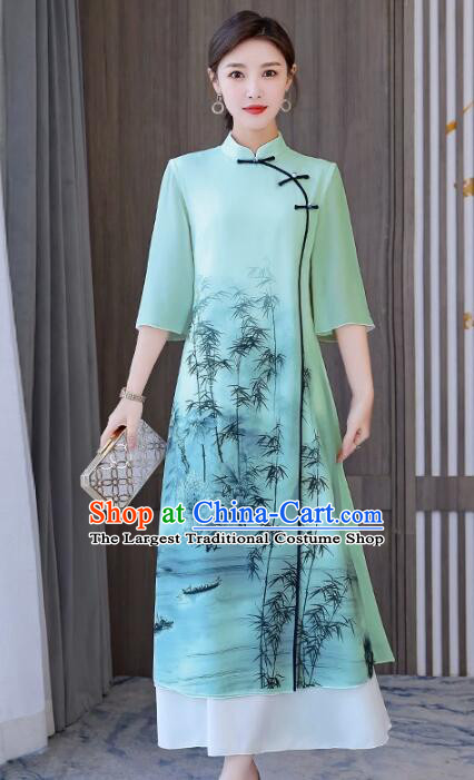 Chinese Style Printing Bamboo Qipao Retro Aodai Dress National Cheongsam Dress