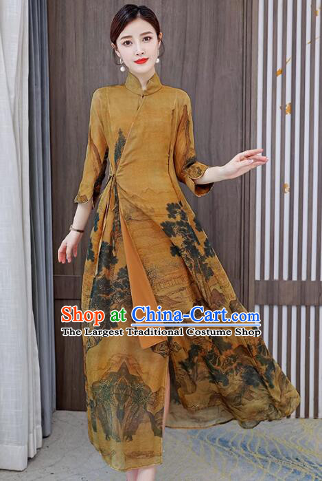 Chinese National Cheongsam Stand Collar Qipao Printing Aodai Dress