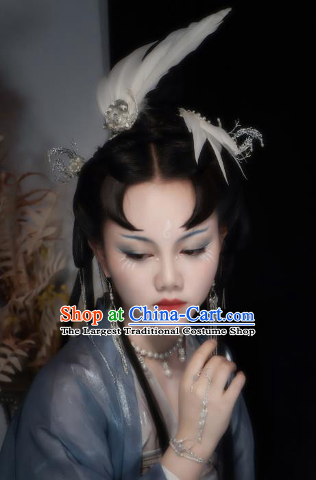 China Ancient Fairy Hair Jewelries Handmade Tang Dynasty Princess Hairpins Hanfu Feather Headpieces Complete Set