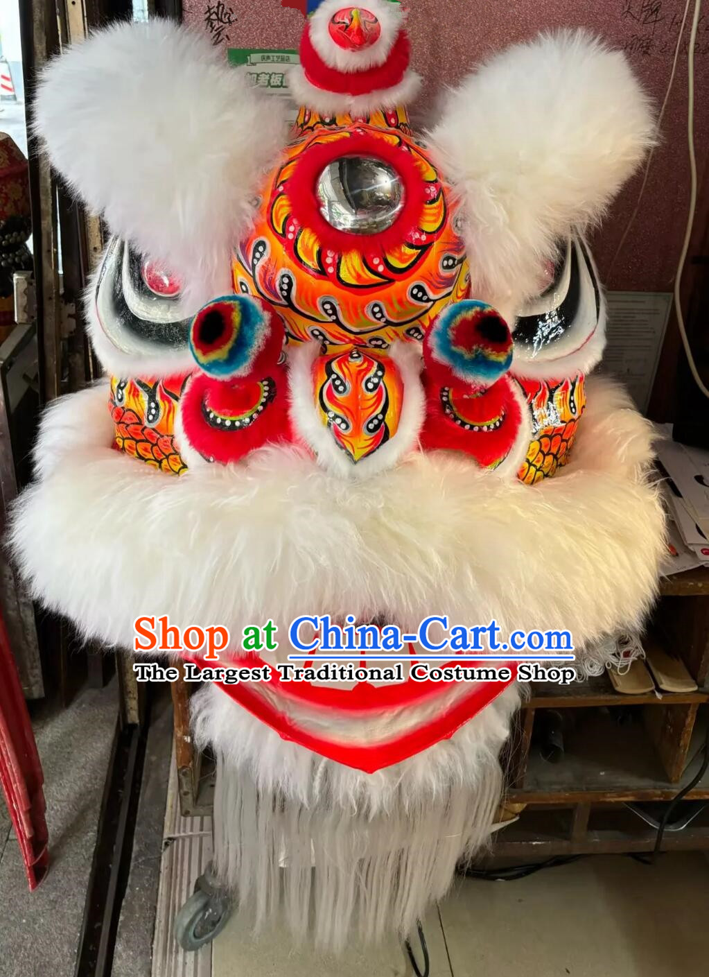 Handmade Lion Dance Head Traditional Chinese Dancing Lion Costume White Wool Fut San Lion Dancing Instruments Complete Set