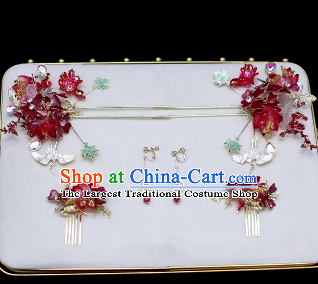 Bride Hairpins Traditional China Wedding Hair Accessories Handmade Cheongsam Red Flower Headpieces Complete Set