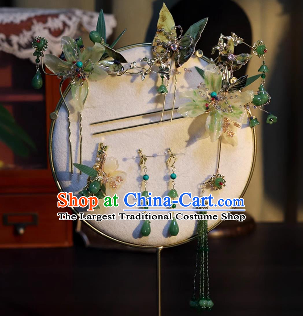 Handmade Cheongsam Headpieces Bride Green Jade Hairpins Traditional China Wedding Hair Accessories Complete Set