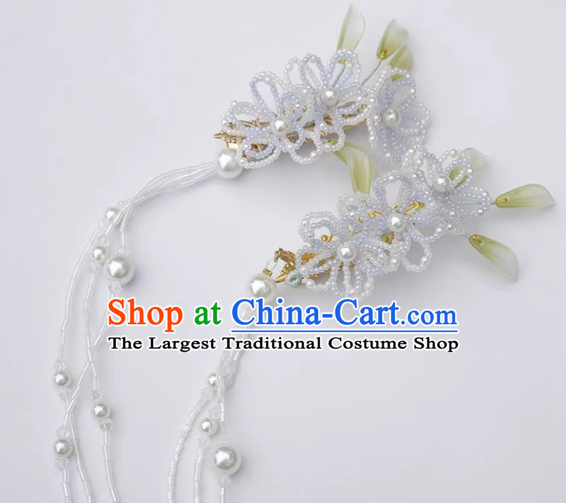 Traditional Hanfu Tassel Headpieces Handmade Light Blue Beads Hair Clips China Cheongsam Hair Accessories