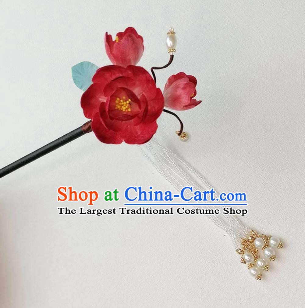 Traditional China Hair Accessories Handmade Hanfu Headpiece Intangible Cultural Heritage Red Silk Flower Hairpin