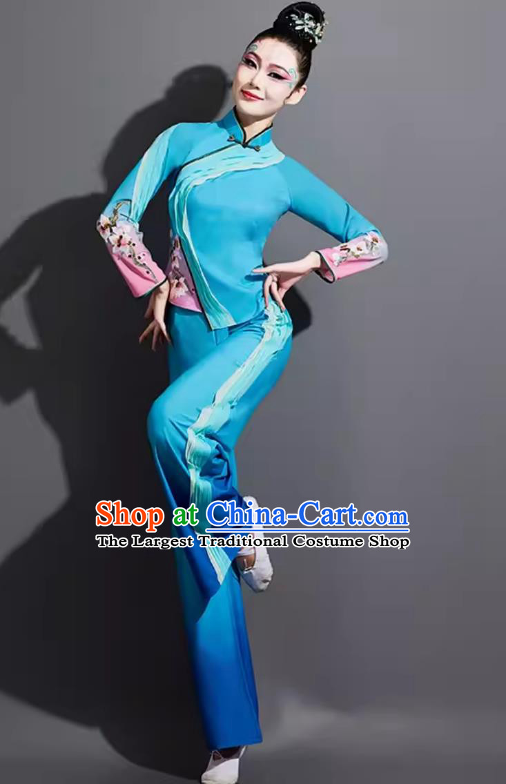 Chinese Yangko Dance Costume Traditional Fan Dance Clothing China Folk Dance Blue Outfit