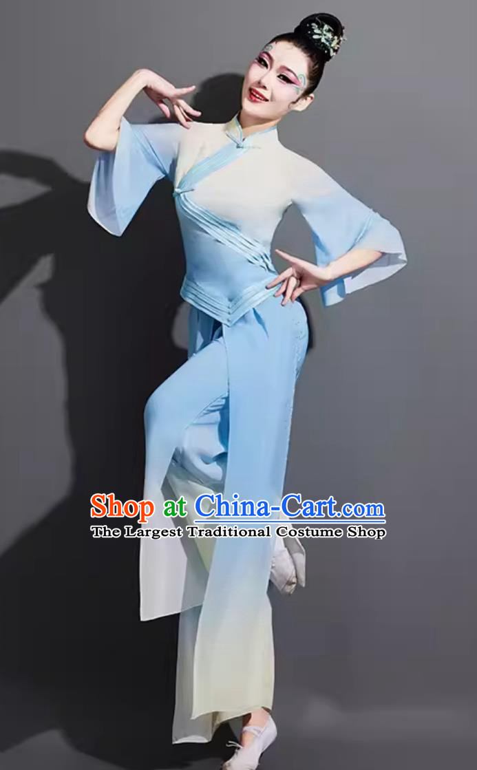 China Folk Dance Fan Dance Blue Outfit Chinese Woman Group Dance Costume Traditional Yangko Dance Clothing