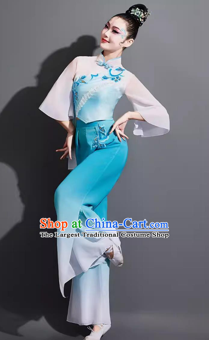 Traditional Jiaozhou Yangko Dance Clothing China Folk Dance Fan Dance Blue Outfit Chinese Danzhou Woman Group Dance Costume