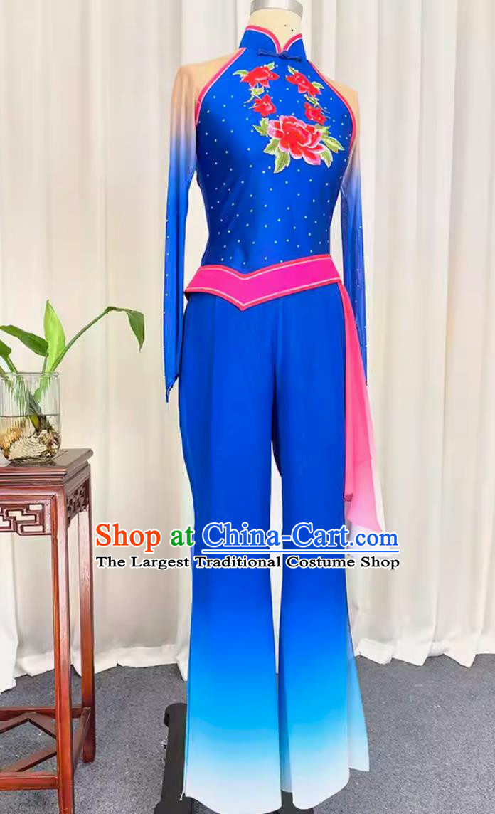 China Folk Dance Blue Outfit Chinese Woman Group Dance Costume Traditional Yangko Dance Fan Dance Clothing